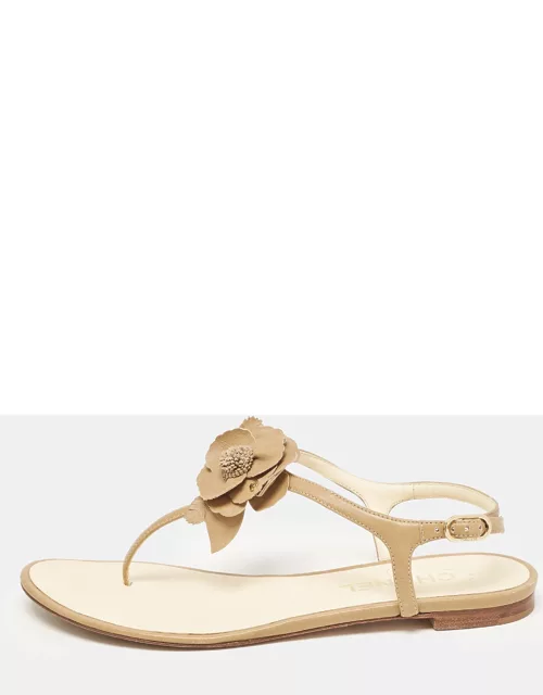 Chanel Brown Leather Camelia Thong Slingback Sandal