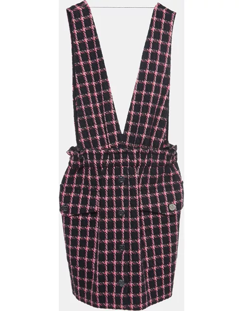 Maje Black/Pink Checked Tweed Plunge V-Neck Mini Dress