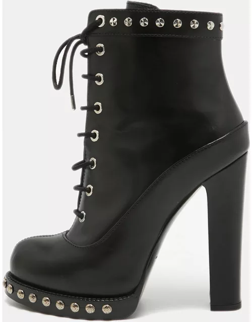 Alexander McQueen Black Leather Studded Lace Up Ankle Boot