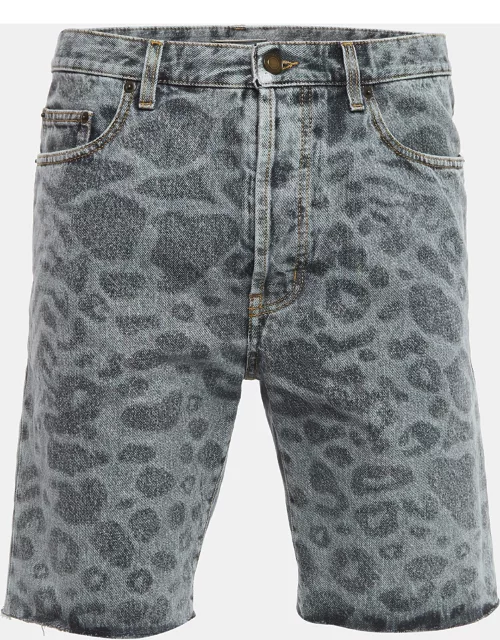 Saint Laurent Paris Grey Leopard Print Denim Shorts M Waist 32''