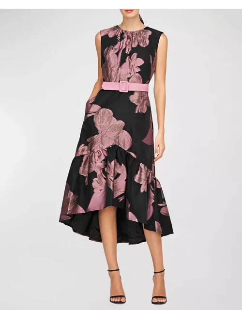 High-Low Belted Floral-Print Midi Dres