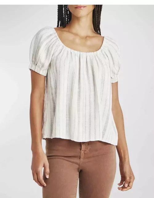 Farrah Linen Stripe Puff-Sleeve Top