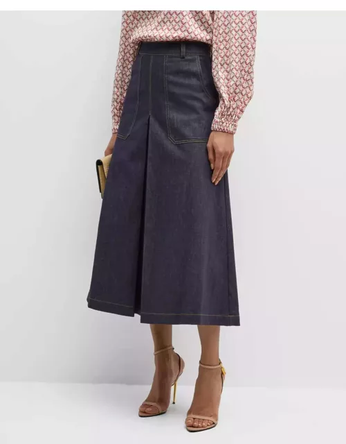 Dinessa Pleated A-Line Denim Midi Skirt