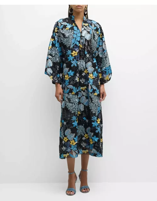 Floral-Embroidered Sequin Caftan Midi Dres