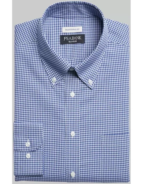 JoS. A. Bank Big & Tall Men's Traveler Collection Traditional Fit Button-Down Collar Mini Check Dress Shirt , Dark Blue, 16 1/2 36