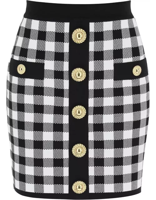 BALMAIN Gingham knit mini skirt with embossed button