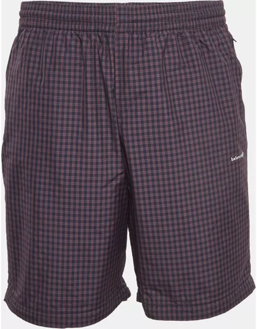 Balenciaga Navy Blue/Red Checked Nylon Drawstring Shorts