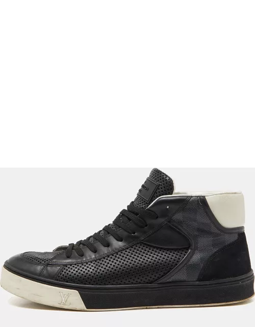 Louis Vuitton Black Leather Monogram Canvas and Suede Line Up High Top Sneaker