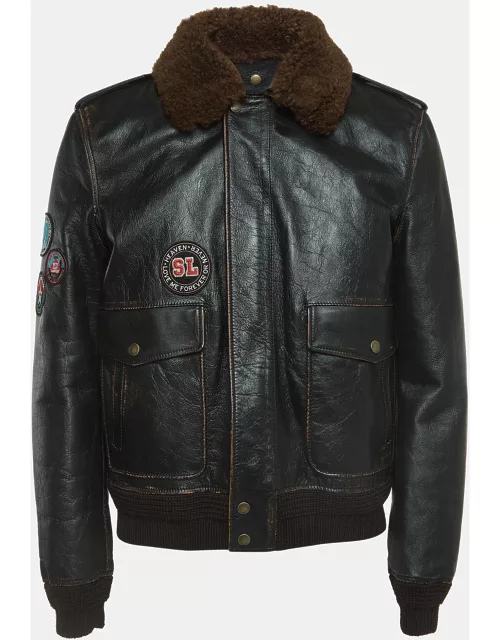 Saint Laurent Paris Brown Applique Detail Leather Jacket