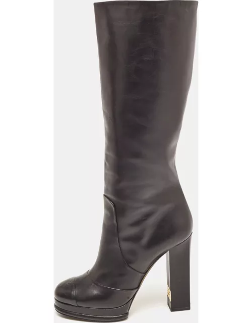 Chanel Black Leather Platform Knee Length CC Block Heel Boot