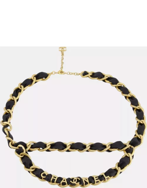 Chanel Black Leather and Brushed Gold Chain Belt with Logo Detai