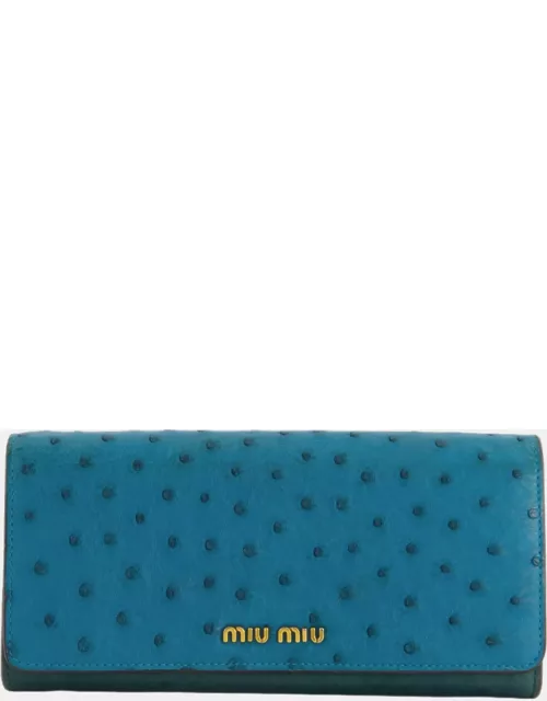 Miu Miu Teal Ostrich Long-Line Wallet with Gold Hardware