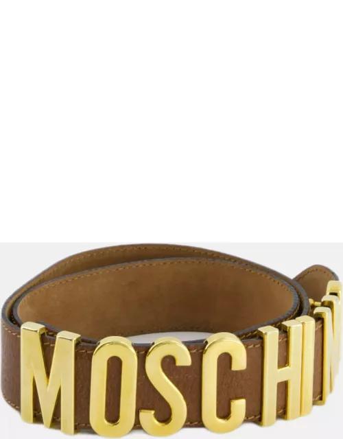 Moschino Brown Leather Logo Belt with Gold Hardware