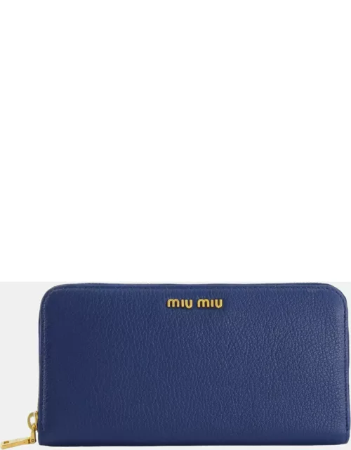 Miu Miu Navy Leather Zipped Wallet with Gold Logo