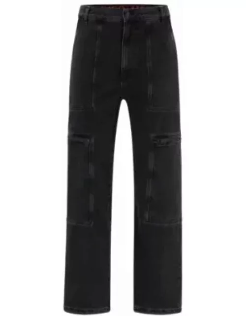 Loose-fit jeans in black denim with adjustable hems- Dark Grey Men's Jean