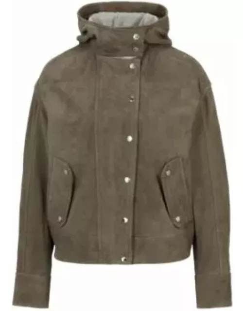 Regular-fit hooded jacket in soft suede- Light Grey Women's Leather Jacket