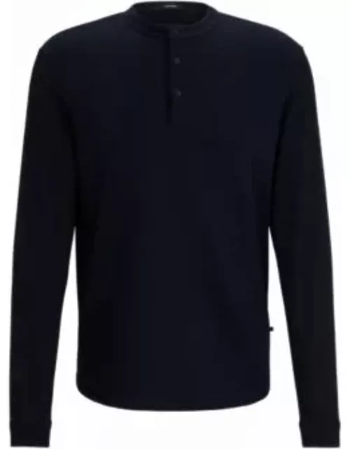 Stretch-cotton polo shirt with Henley neckline- Dark Blue Men's Polo Shirt