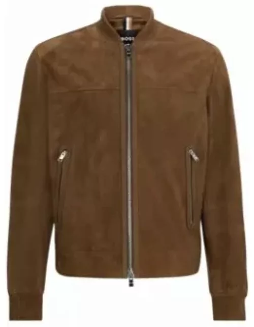 Regular-fit jacket with ribbed cuffs in suede- Light Brown Men's Leather Jacket