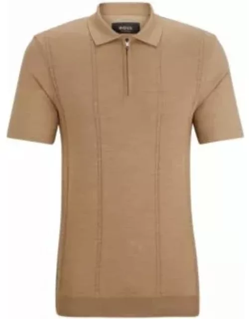 Zip-neck polo shirt in cotton and silk- Beige Men's Polo Shirt