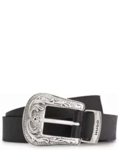 Italian-leather belt with ornate buckle, keeper and tip- Black Men's Casual Belt
