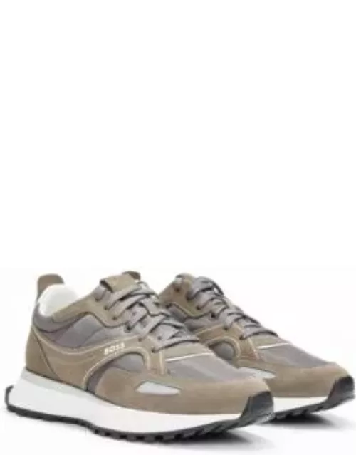 Mixed-material trainers with suede and branded trims- Light Grey Men's Sneaker