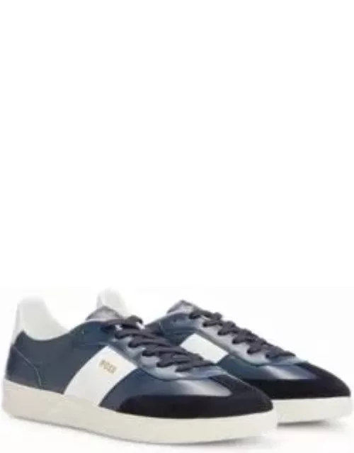 Leather and suede trainers with embossed logos- Dark Blue Men's Sneaker