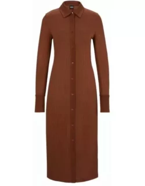 Long-length shirt-style dress in ribbed jersey- Brown Women's Jersey Dresse