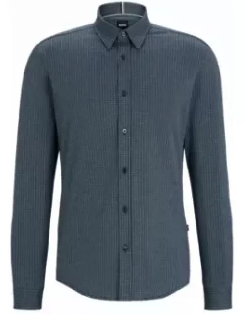 Slim-fit shirt in structured cotton jacquard- Dark Blue Men's Casual Shirt