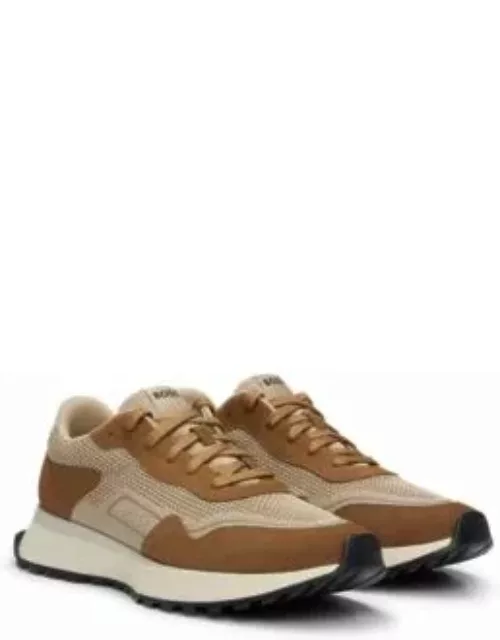 Mixed-material trainers with suede and faux leather- Light Brown Men's Sneaker