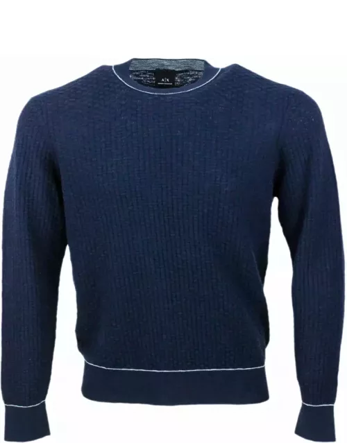 Armani Collezioni Crew-neck And Long-sleeved Sweater In Cotton And Linen With Honeycomb Workmanship.