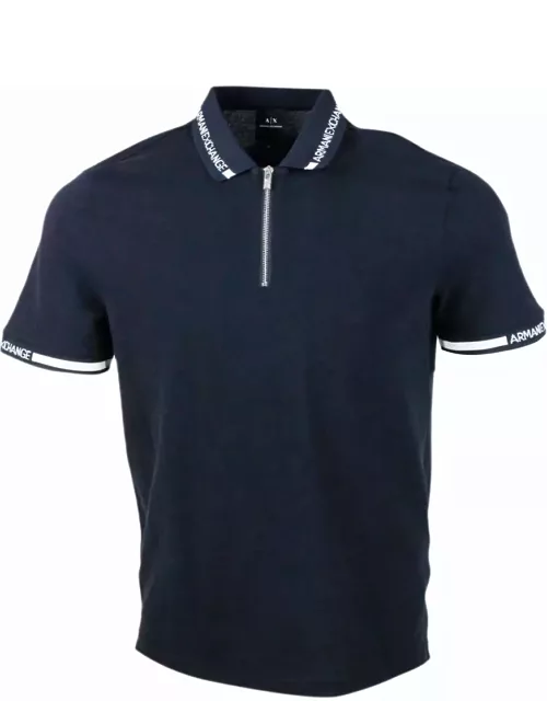 Armani Collezioni Hort-sleeved Pique Cotton Polo Shirt With Zip Closure And Writing On The Collar