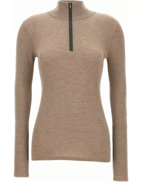 Brunello Cucinelli Lightweight Ribbed Virgin Wool And Cashmere Sweater With Precious Half Zip
