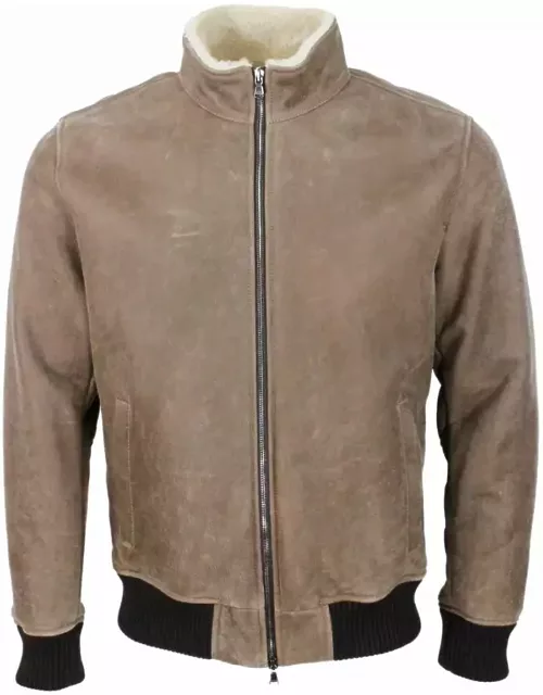 Barba Napoli Bomber Shearling Shearling Jacket With Stretch Knit Trims And Zip Closure