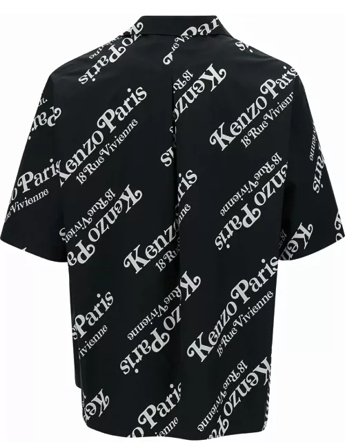 Kenzo Black Bowling Shirt With All-over Logo Print In Cotton Man