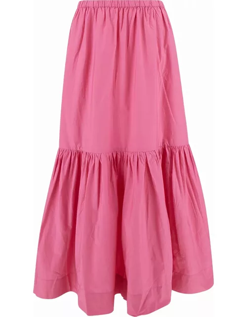 Ganni Long Pink Skirt With Flounce Detail In Cotton Woman