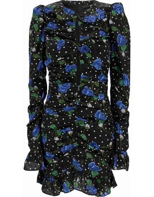 Rotate by Birger Christensen Mini Black Dress With Cut-out And Polka-dots And Rose Print In Viscose Woman