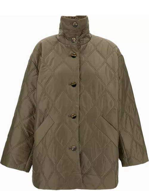 Ganni Green Quilted Jacket With High Neck And Buttons In Recycled Polyamide Woman
