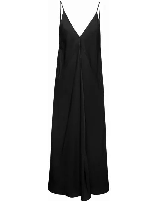 Jil Sander Black Calf Lenght V-neck Slip Dress, With Full Skirt And Diagonal Cut, In Viscose Woman