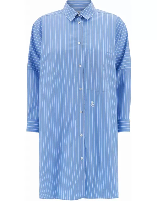 Jil Sander Long Light Blue Striped Shirt With Logo Embroidery In Cotton Woman