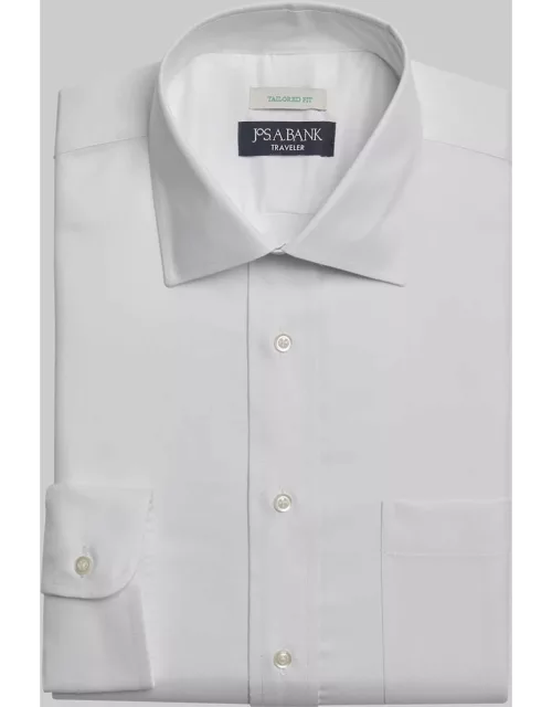 JoS. A. Bank Men's Traveler Collection Tailored Fit Twill Spread Collar Dress Shirt, White, 16 1/2