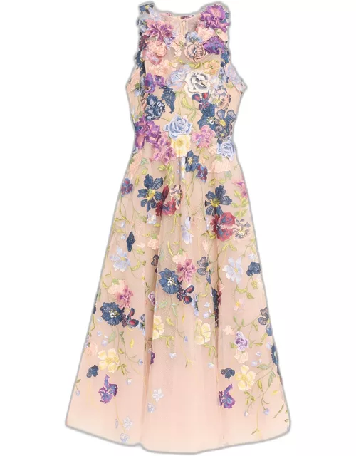 Multicolor Floral Embroidered Cocktail Dress with 3D Flower Accent