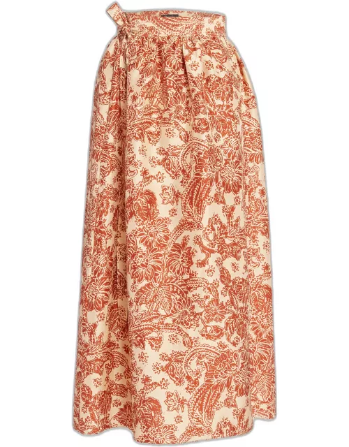 Leah Woodblock Botanic Print Self-Tie Midi Skirt