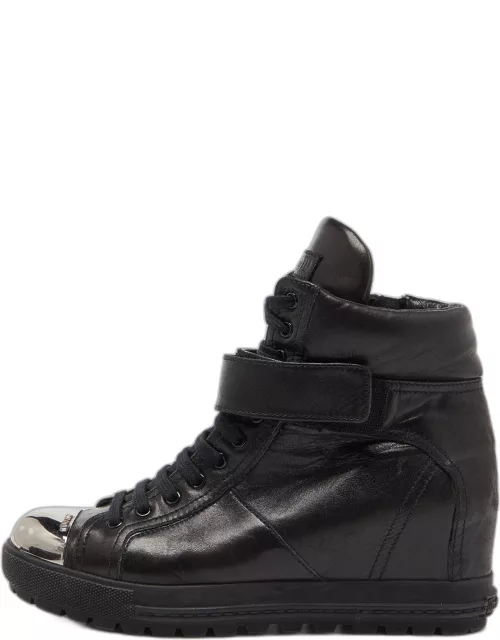Miu Miu Black Leather Toe Cap Wedge Ankle Boot