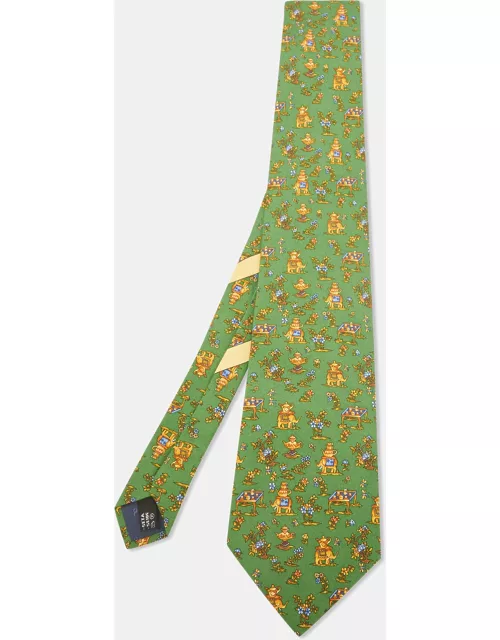 Salvatore Ferragamo Green Elephant Print Silk Traditional Tie