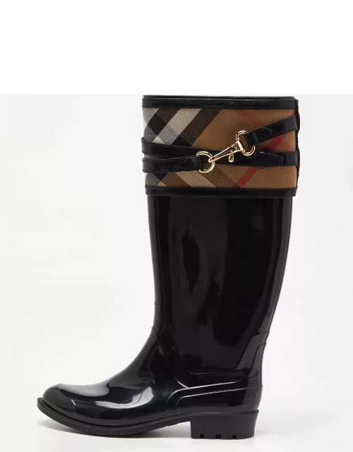 Burberry Black/Beige Patent Leather and House Check Canvas Knee Length Boot