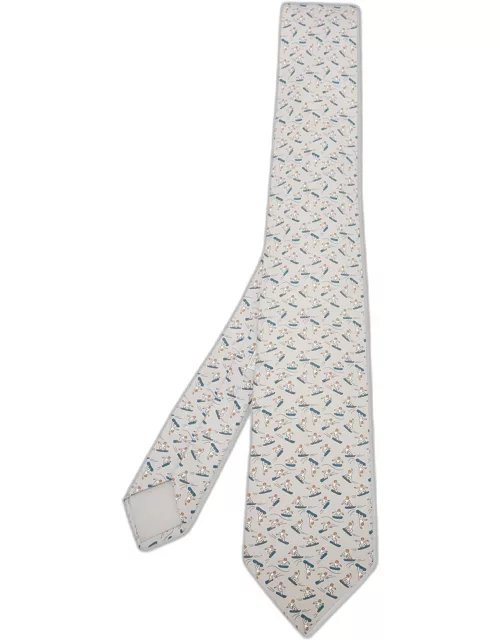 Hermes Light Grey Snow Park Print Silk Tie