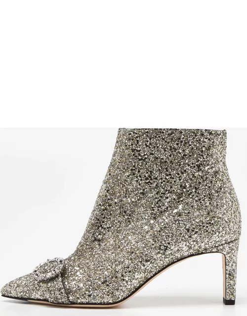 Jimmy Choo Metallic Silver Glitter Hanover Crystal Embellished Pointed Toe Bootie