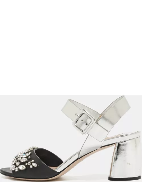 Miu Miu Silver/Black Leather Crystal Embellished Ankle Strap Sandal