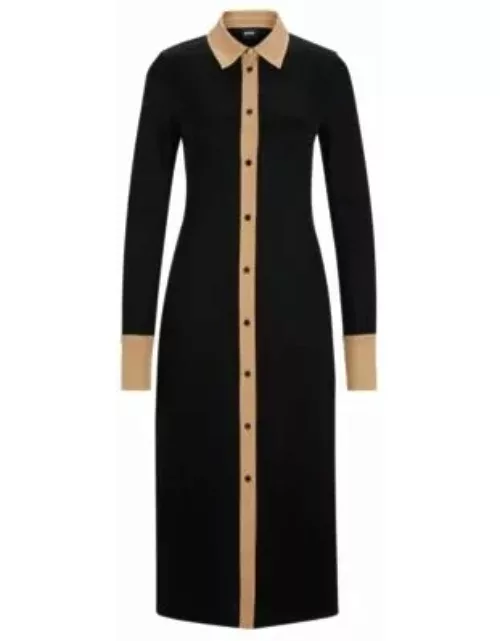 Long-length shirt-style dress in ribbed jersey- Black Women's Jersey Dresse