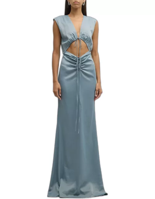 Plunging Shirred Cutout Stretch Satin Sleeveless Maxi Dres
